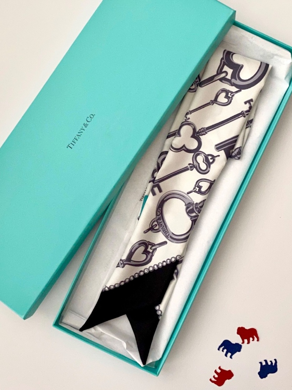 NIB Tiffany & Co Silk Ribbon Scarf - Black/White/Silver - Keys - Narrow Key Sash